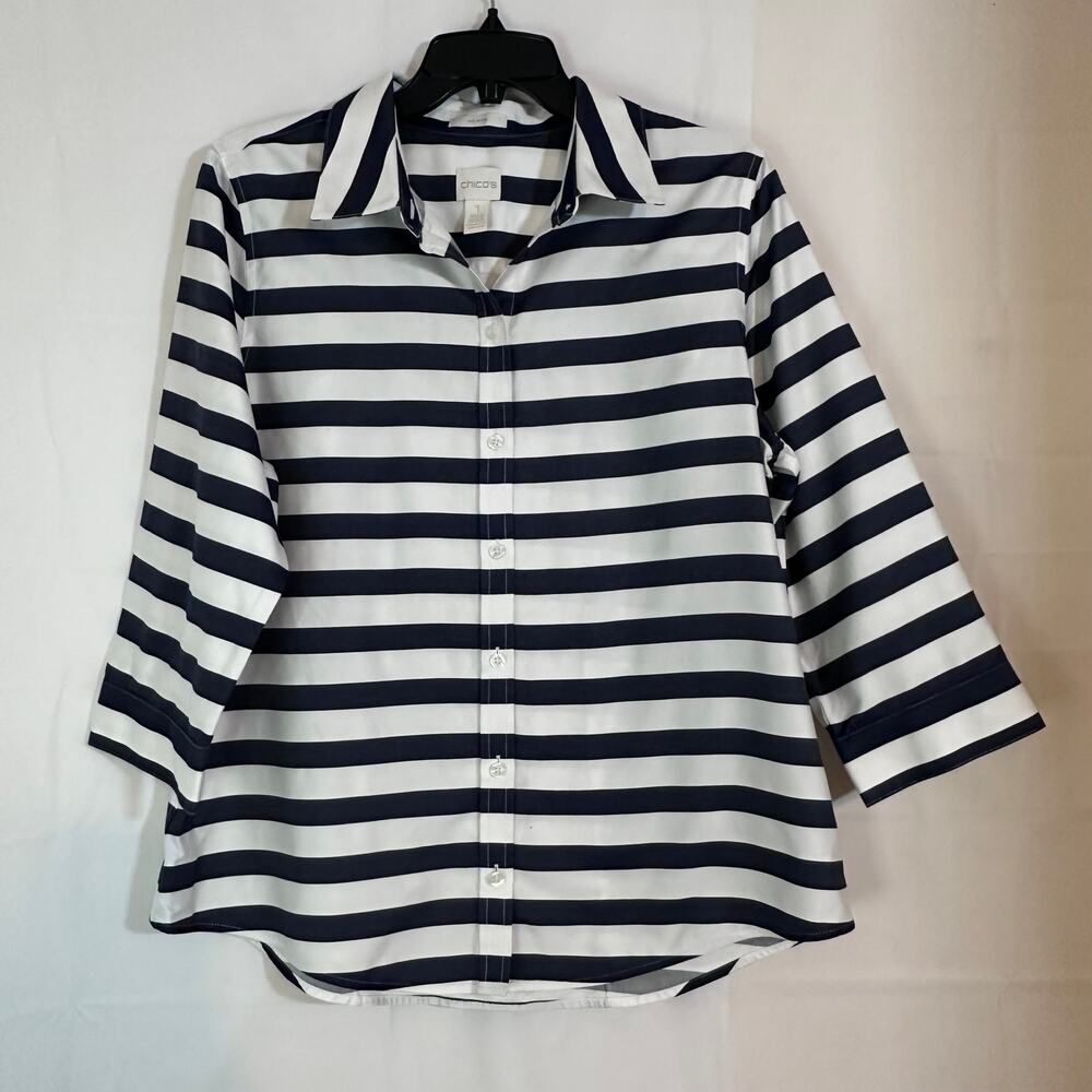 Chico's Effortless Horizontal-Stiped Beatrice Button Down Blouse Nautical Size 1